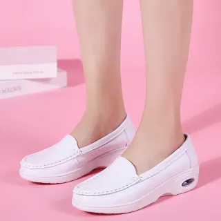 【MOM】真皮樂福鞋 氣墊樂福鞋/真皮純色軟底氣墊樂福鞋 護士鞋(白)