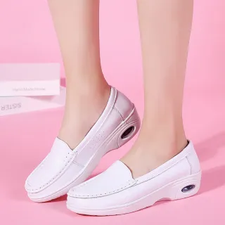【MOM】真皮樂福鞋 氣墊樂福鞋/真皮純色軟底氣墊樂福鞋 護士鞋(白)