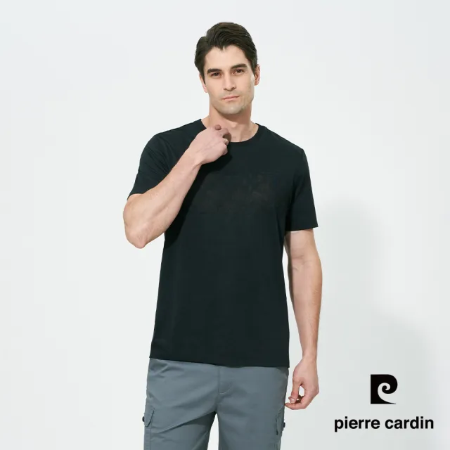 【pierre cardin 皮爾卡登】休閒服飾 男款 印花LOGO圓領短袖上衣-黑色(5257281-99)