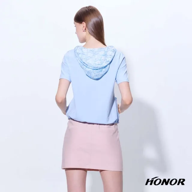 【HONOR 山形屋】出清品 蕾絲拼接連帽口袋收襬短袖上衣-藍(限定出清)