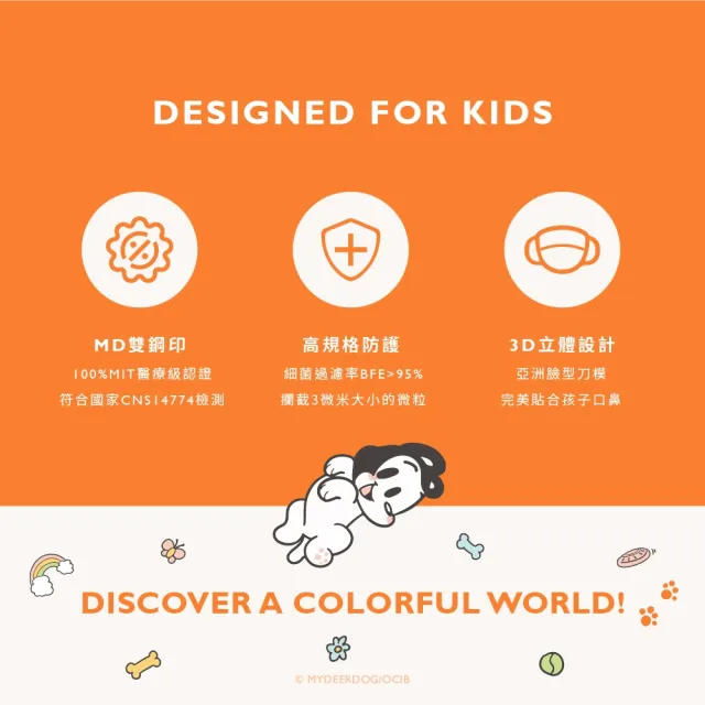 【康菲COMFIZ】狗與鹿聯名 兒童3D立體醫療口罩_20入單片裝/共四盒(1-12歲適用/無鼻樑條)