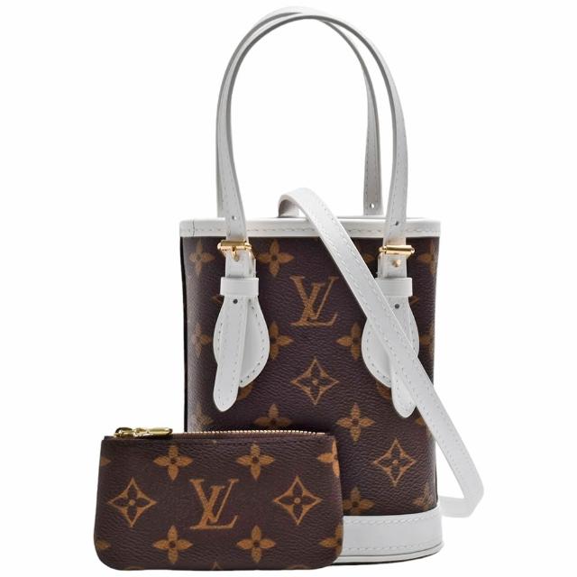全新 LOUIS VUITTON 路易威登 M81489 經典 Nano Bucket Monogram 印花帆布手提/斜背水桶包，白色系與咖啡色系可選，外層為帆布與牛皮組合，內層為布面材質。附原廠防塵套、提把、背帶與零錢包，尺寸為長13cm、寬9cm、高17cm，提把高度10cm，背帶全長約90cm，產地為西班牙，來自歐洲，適合女性使用，開放式開口設計，無內部與外部夾層，無外袋與內袋，無底珠，不適合放入A4檔案。