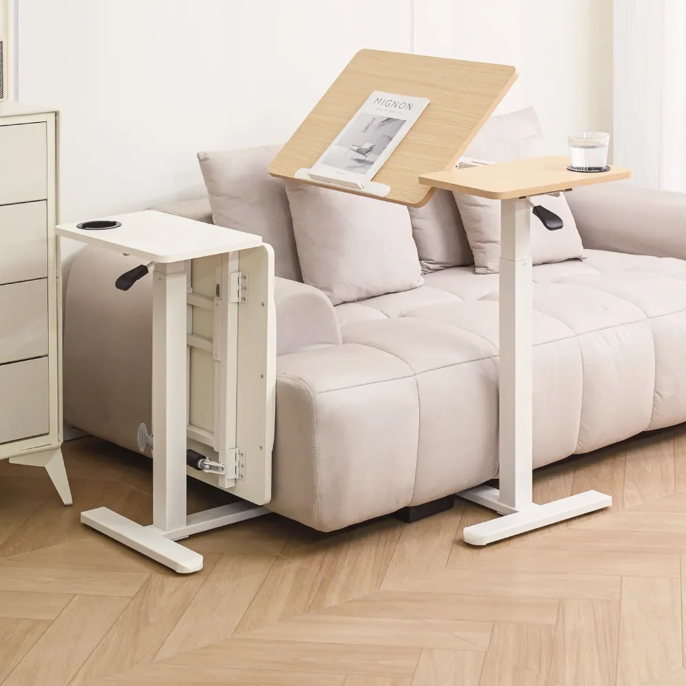 【慢慢家居】Plus+ 半折疊雙桌面附輪氣壓升降邊桌-無段翻轉+半折疊置物(升降桌 電腦桌)