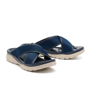 【MELROSE】美樂斯 簡約率性純色交叉寬帶異材質厚底拖鞋(藍)