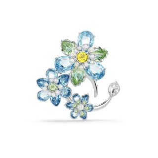【SWAROVSKI 施華洛世奇】Idyllia 胸針 混合式切割 花朵 藍色 鍍白金色