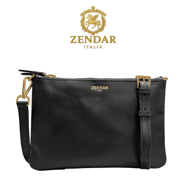 【ZENDAR】限量1折 頂級小牛皮雙層肩背包側背包 米凱拉系列 全新專櫃展示品(黑色)
