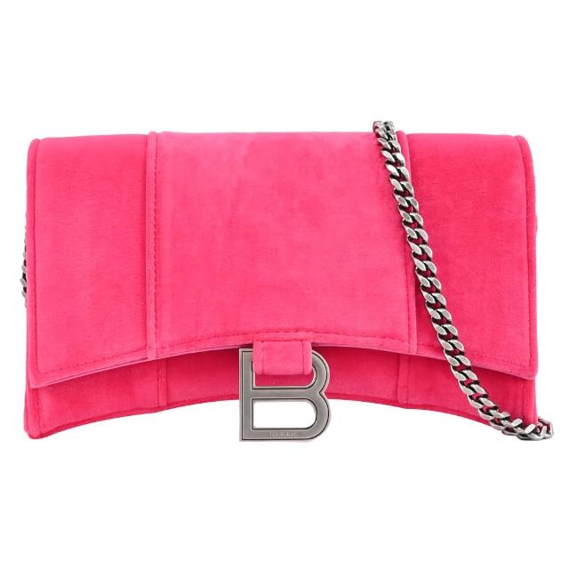 【Balenciaga 巴黎世家】Hourglass 天鵝絨布斜背鍊包(桃紅)