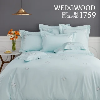 【WEDGWOOD】80支400織長纖棉刺繡 薄被套枕套床包四件組｜甜檸檬 晨霧綠(特大)