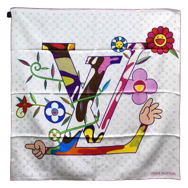 LV LOUIS VUITTON路易威登 M96097 MURAKAMI 村上隆聯名款花卉 LOGO 白彩絲巾