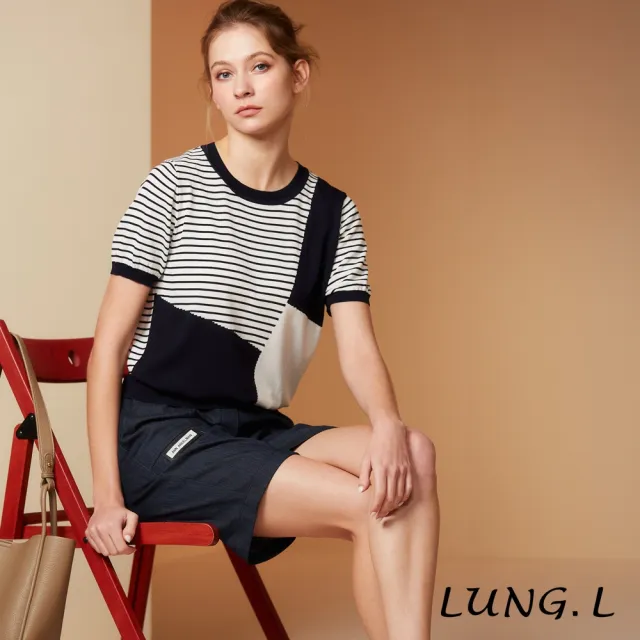 【LUNG.L 林佳樺】L853A 白色拼接藏青藍拼接條紋短袖針織女裝上衣(春夏新品)