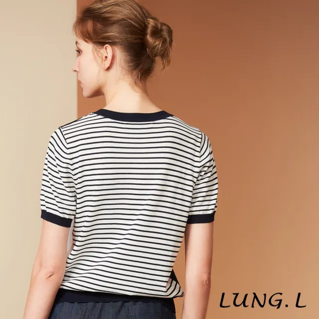 【LUNG.L 林佳樺】L853A 白色拼接藏青藍拼接條紋短袖針織女裝上衣(春夏新品)