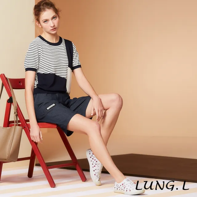 【LUNG.L 林佳樺】L853A 白色拼接藏青藍拼接條紋短袖針織女裝上衣(春夏新品)
