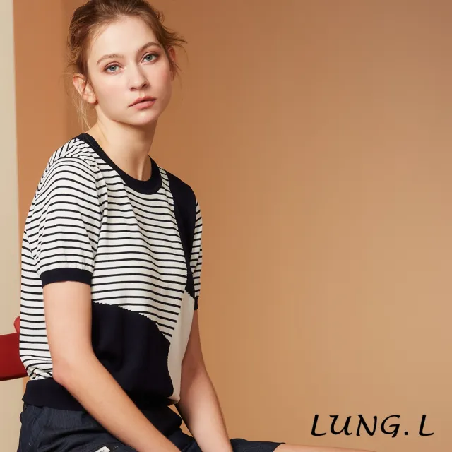 【LUNG.L 林佳樺】L853A 白色拼接藏青藍拼接條紋短袖針織女裝上衣(春夏新品)