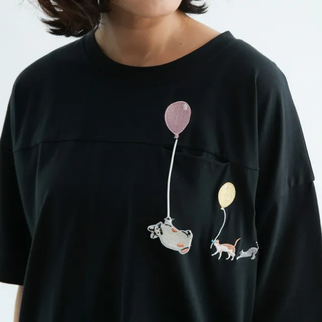 【PINK NEW GIRL】氣球貓咪刺繡寬版T/短袖上衣 Y3316AT(2色)