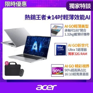 【Acer 宏碁】筆電包/滑鼠組★14吋Ultra7效能筆電(Swift Go/EVO/SFG14-73-76K0/Ultra 7-155H/32G/512G/W11)