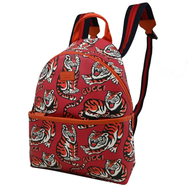 【GUCCI 古馳】Kids 限定款老虎插畫輕便淑女包旅用包後背包(紅/橘)