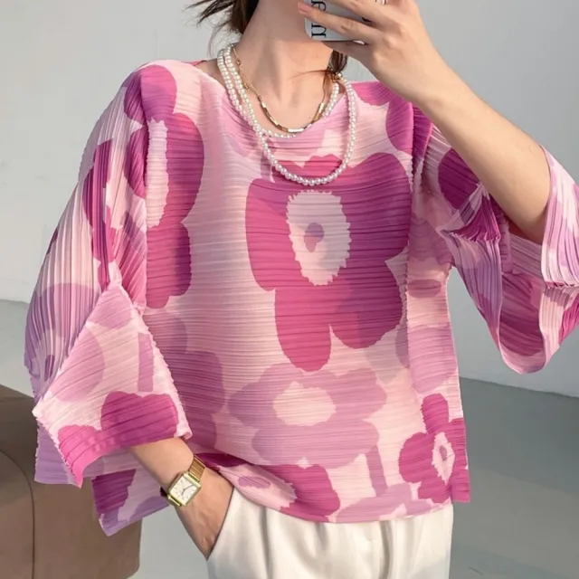 【巴黎精品】現貨+預購 三宅風皺褶衣服褶皺上衣高級摺衣彈力女裝顯瘦折衣大碼(七分袖寬鬆T恤2色a1jb10)