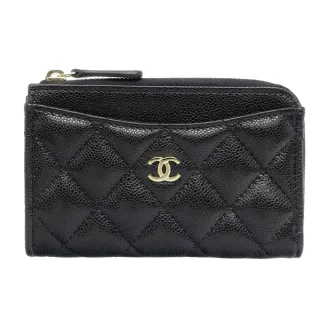 【CHANEL 香奈兒】AP3179 經典雙C LOGO 菱格紋牛皮拉鍊零錢包皮夾/卡夾(黑色)