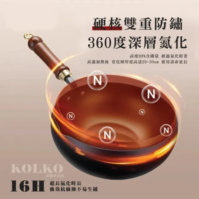 【KOLKO 克魯克家居】純手工鍛大肚鐵鍋-24cm木蓋(無塗層不粘鍋 炒菜鍋 鐵鍋 家用純鐵鍋 鍛打炒鍋)