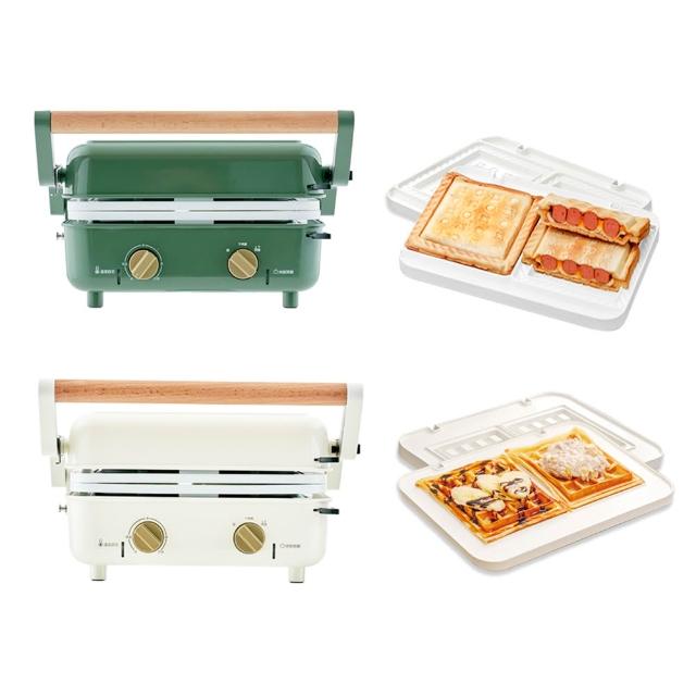 【MATURE 美萃】早餐組夾心陶瓷爐-兩色可選 含主機+三明治烤盤+鬆餅烤盤(CY-1624)