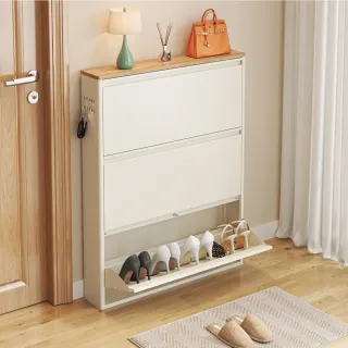 【慢慢家居】免安裝木頂超薄翻斗鋼製鞋櫃-65面寬(三層鞋櫃 拉門鞋櫃 收納鞋櫃 鞋架)
