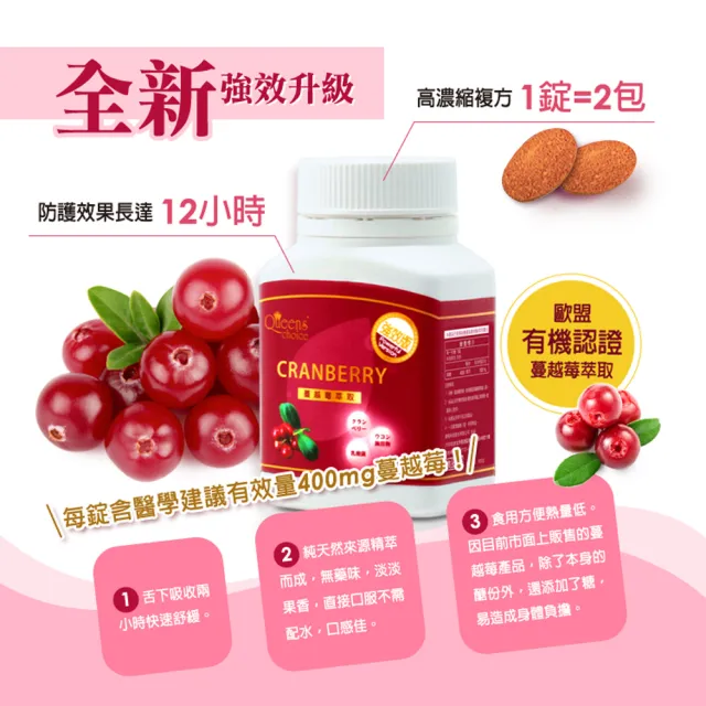 【Queens` choice】高濃縮蔓越莓強效錠 3罐組(30錠/罐-女性私密呵護 蔓越莓 乳酸菌 洛神花 維他命C)