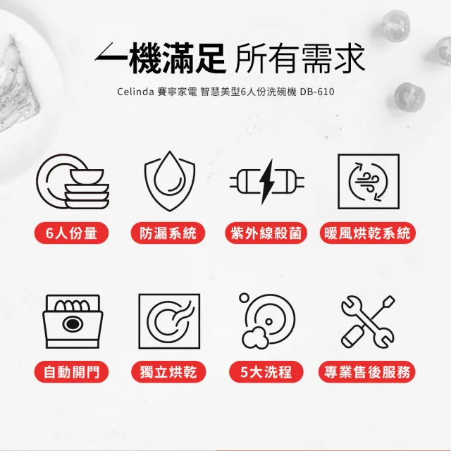 【Celinda 賽寧】6人份智慧美型/自動開門/紫外線殺菌洗碗機DB-610(110V/福利品/含安裝/桌上型洗碗機)