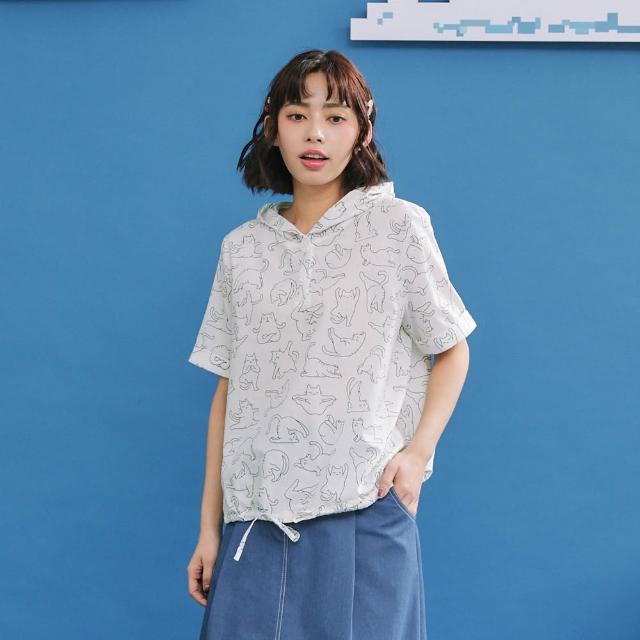 【Dailo】瑜珈貓下襬抽繩短袖連帽衫(藍 白 綠/魅力商品)