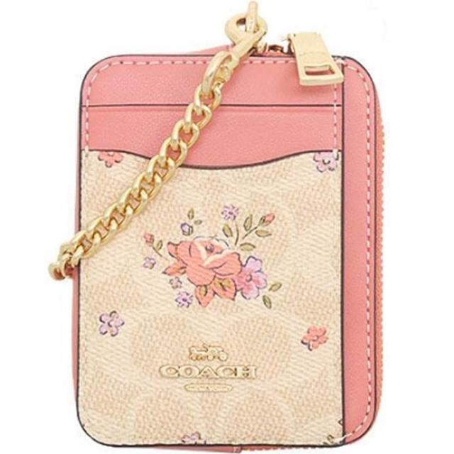 【COACH】粉紅花朵X粉紅X淺卡其PVC滿版LOGO金屬鏈帶卡片盒零錢包