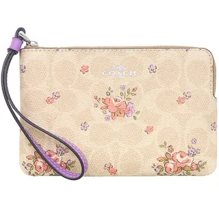 【COACH】粉橘花朵X淺卡其PVC滿版LOGO+紫色皮革手提帶單拉鍊手拿包
