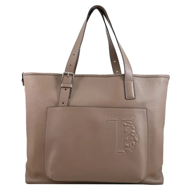 【TOD’S】TODS 品牌LOGO烙印荔枝牛皮手提大肩背包托特包(大象灰)