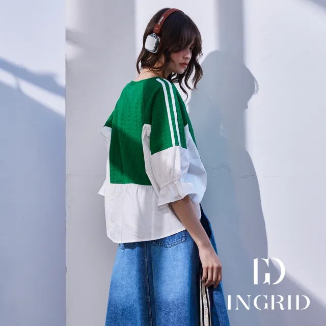 【IGD 英格麗】實體同步款-立體針織感壓紋拼接荷葉袖上衣(綠色)