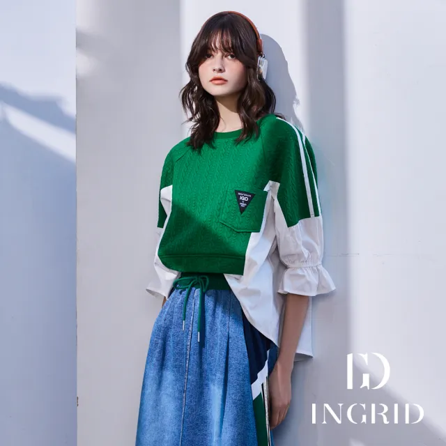 【IGD 英格麗】實體同步款-立體針織感壓紋拼接荷葉袖上衣(綠色)
