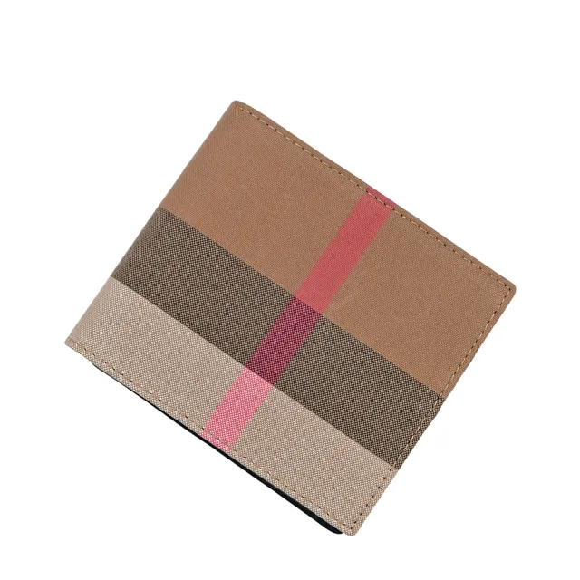 【BURBERRY 巴寶莉】經典大格紋帆布對開八卡短夾(灰褐色/棕色)