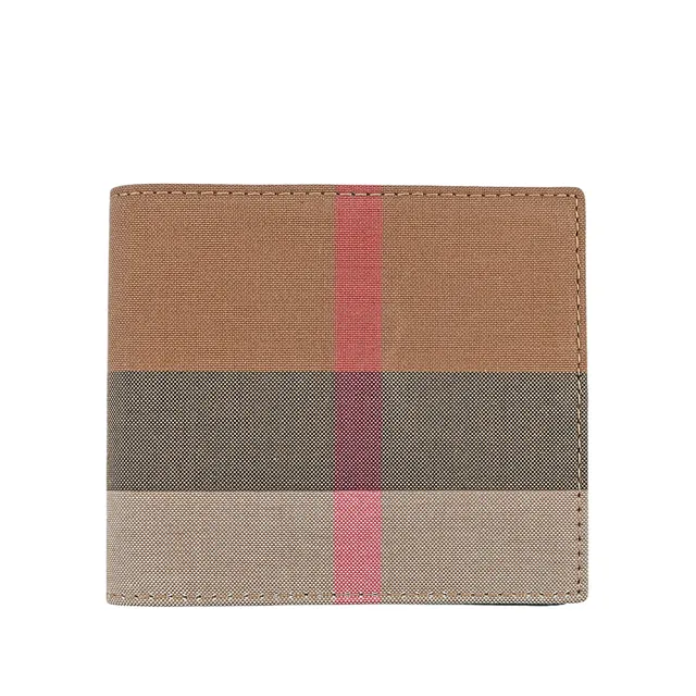【BURBERRY 巴寶莉】經典大格紋帆布對開八卡短夾(灰褐色/棕色)