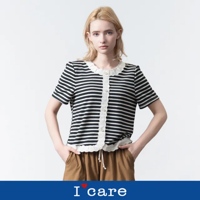【I’Care 依卡】現貨-蕾絲橫紋珍珠釦針織上衣（M-L）｜女休閒上衣 女針織衫 女短袖上衣(607-16401)