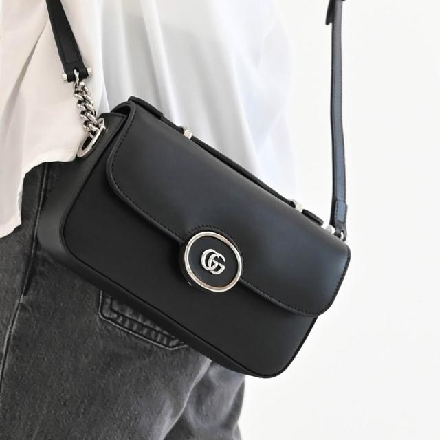【GUCCI 古馳】Petite GG 金屬雙G LOGO壓扣翻蓋手提兩用包(黑)