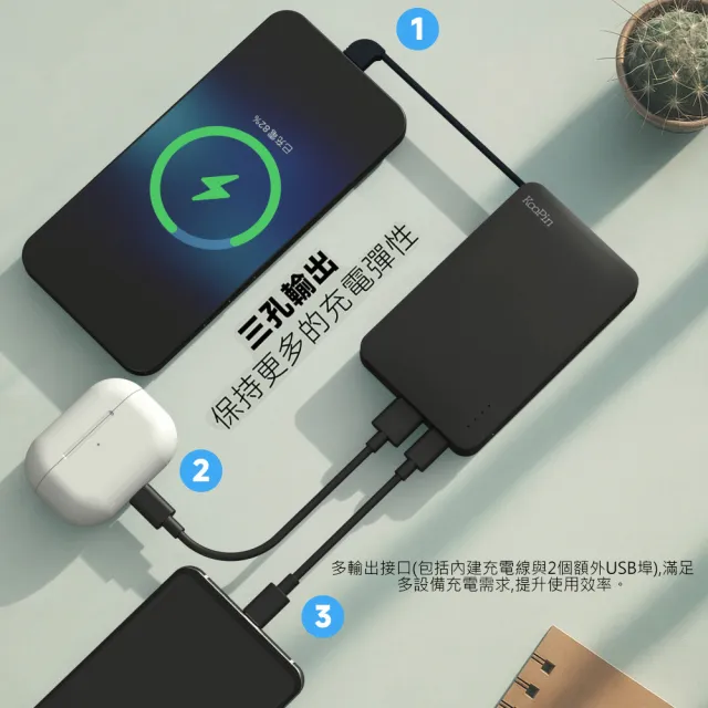 【KooPin】台灣製造 極簡風5000mAh 自帶線Type-C行動電源