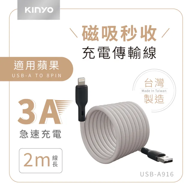 【KINYO】3A Type-C/8 PIN 磁吸秒收充電傳輸線(USBC916B/USBA916GY)