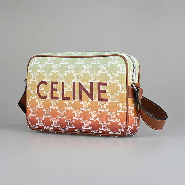 【CELINE】CELINE 字母LOGO漸層晚霞TRIOMPHE帆布拉鍊斜背包(中/綠x黃x橘x紅)