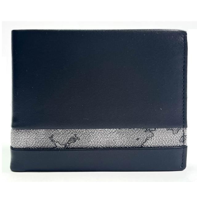 【Alviero Martini】義大利地圖包  旅行系列 男用小牛皮12卡短夾 皮夾(黑x地圖灰)