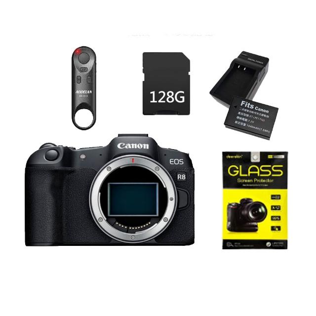 【Canon】EOS R8 BODY+AODELAN BR-E1A藍牙遙控器+DK鋼化貼+128G記憶卡+LP-E17副電座充組(公司貨)