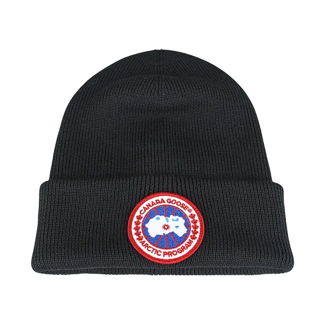 【CANADA GOOSE】CANADA GOOSE 北極地形LOGO布標羊毛螺紋毛帽(黑)
