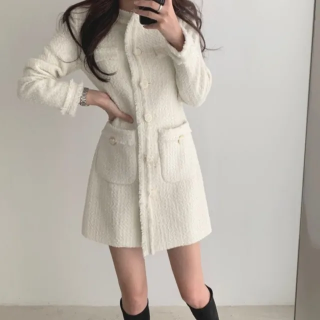 【baibeauty 白鳥麗子】法式毛呢拼接流蘇單排扣長袖洋裝(連身裙)
