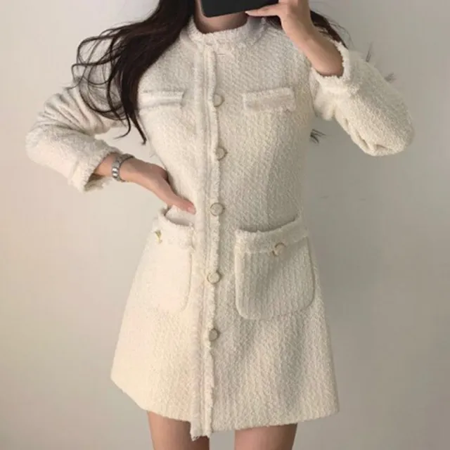 【baibeauty 白鳥麗子】法式毛呢拼接流蘇單排扣長袖洋裝(連身裙)(其他規格)