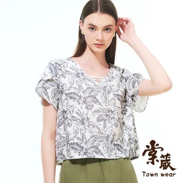【TOWN’WEAR 棠葳】輕薄森林系棉質上衣(中大尺碼/女上衣/女上著/短袖/印花/滿版/鑽飾/鏤空/拼接)