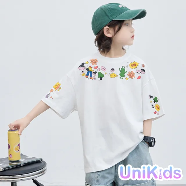 【UniKids】中大童裝花草小物短袖T恤 男大童裝女大童裝 CVLBXT8794(白)