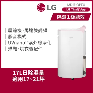 【LG 樂金】官方旗艦 一級能效 17公升WiFi變頻除濕機-粉紅(MD171QPE0)