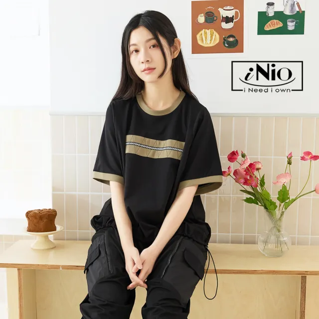 【iNio 衣著美學】短袖上衣 現貨 黑色拼接 抽繩下襬 寬版短袖棉T(CEW1107)