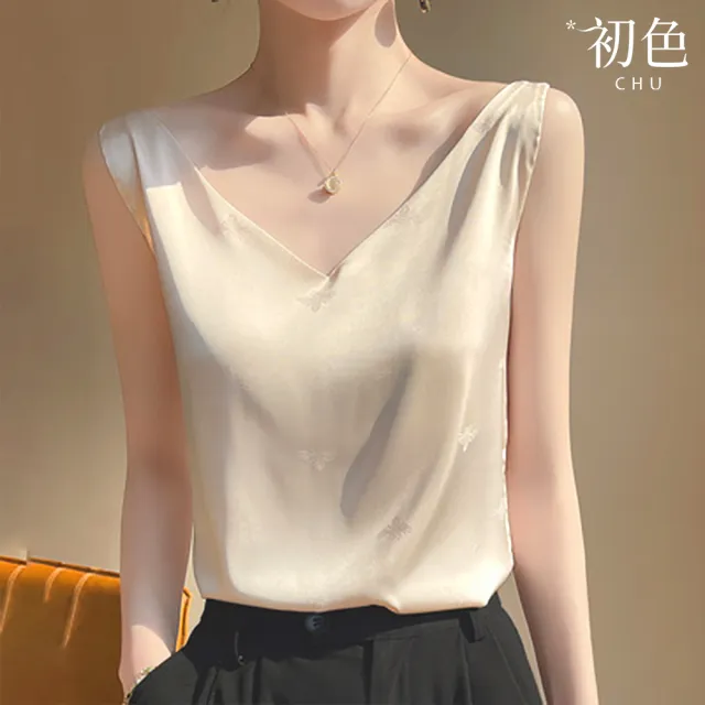 【初色】名媛性感風純色緹花V領無袖緞面真絲吊帶背心女背心-共12色-13439(M-3XL可選)